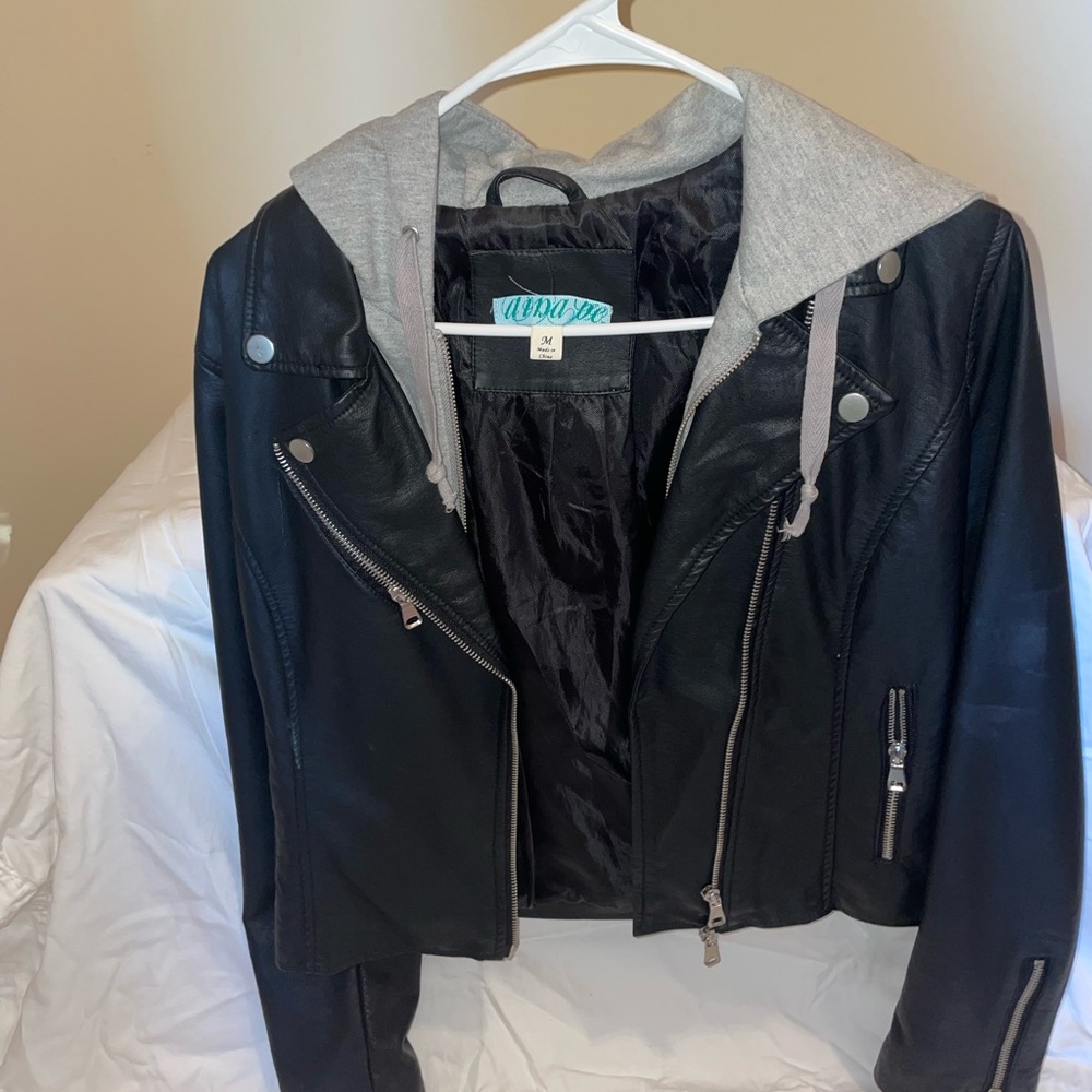 Black Leather Jacket with Gray Cotton Hood